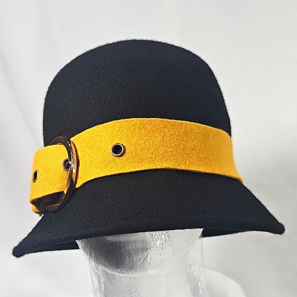 Charming Charlie Black Wool Felt Cloche Hat Yellow Buckle Band One Size